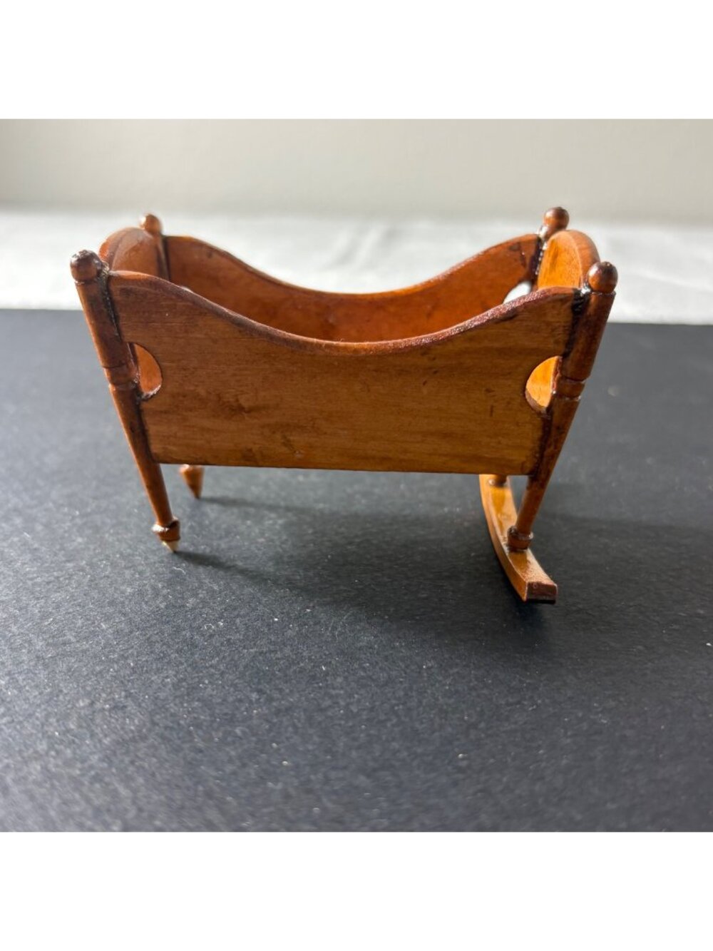 Vintage Miniature Wooden Rocking Cradle With Red & White Striped Bedding 3" Long